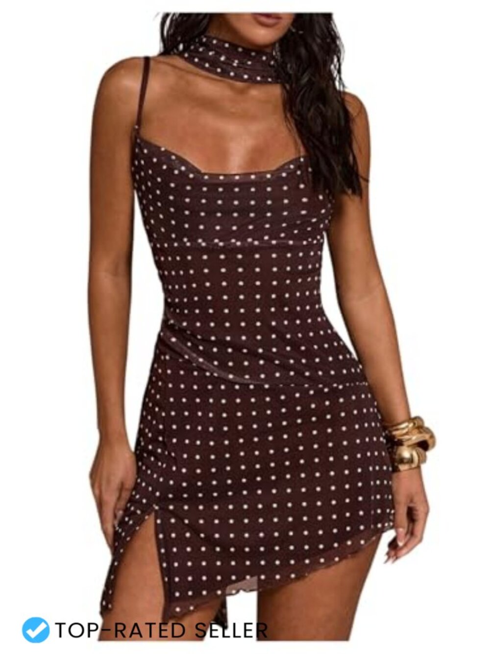 Y2K Polka Dots Cowl Neck Split Hem Bodycon Mini Dress Spaghetti Strap